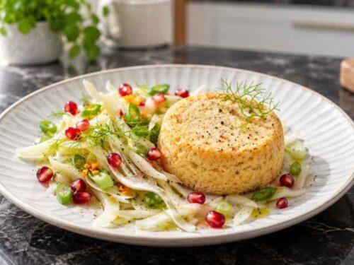 Cheddarsoufflé mit Fenchel-Granatapfel-Salat auf vier Tellern, gestürzte Käsesoufflés neben Fenchelsalat mit roten Granatapfelkernen