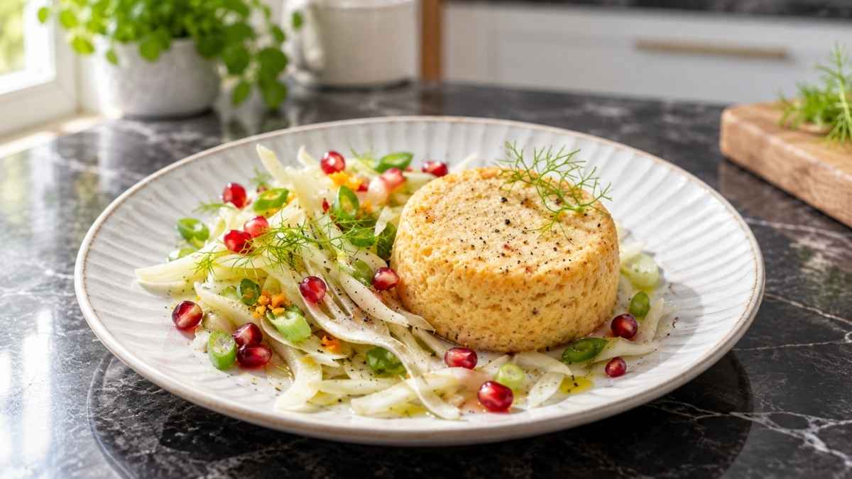 Cheddarsoufflé mit Fenchel-Granatapfel-Salat