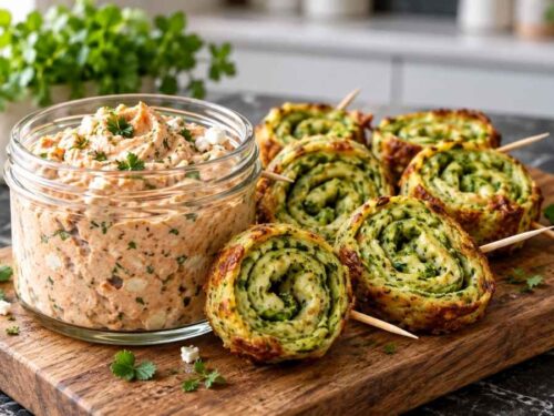 Cheese-Zucchini-Breadsticks mit Dip, in Scheiben geschnitten mit Feta-Dip
