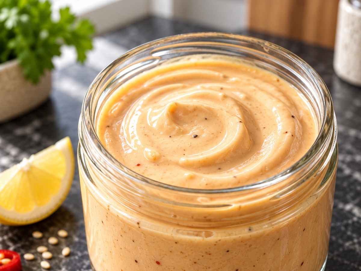Nahaufnahme der cremigen, leicht orangen Chefsauce