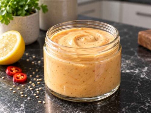 Chefsauce, scharfe selbstgemachte Mayonnaise im Schraubglas