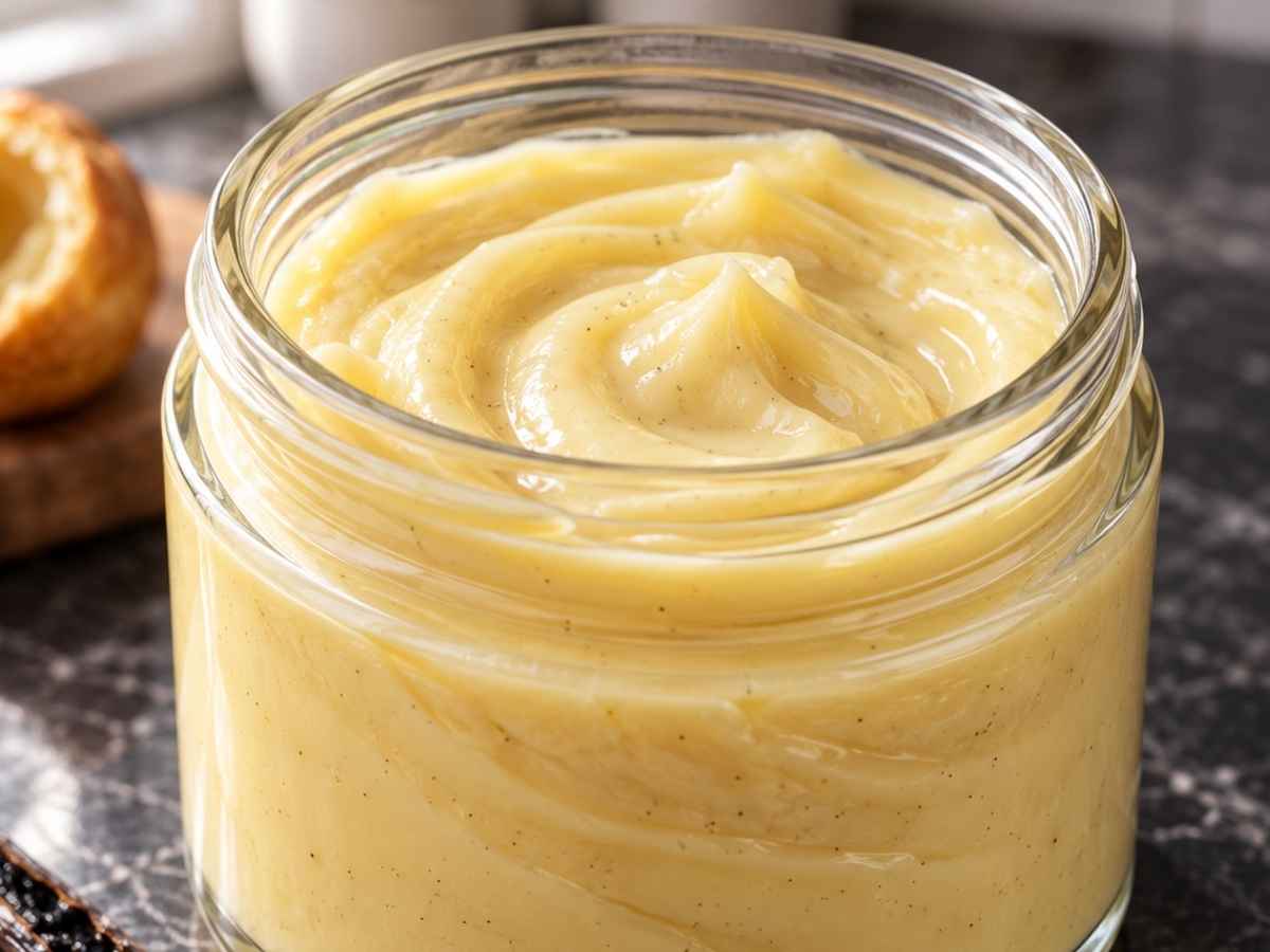 Nahaufnahme von glatter Crème Pâtissière mit Vanillemark