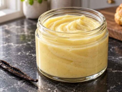 Frisch gekochte Crème Pâtissière, cremig und hellgelb, in einer Schüssel