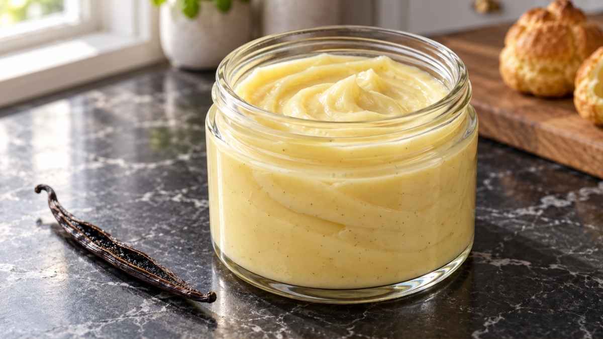 Frisch gekochte Crème Pâtissière, cremig und hellgelb, in einer Schüssel