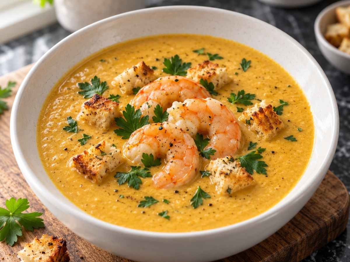 Cremige Garnelen-Suppe 2 Nahaufnahme der Cremigen Garnelen-Suppe mit zarten Garnelen, knusprigen Croûtons und frischer Petersilie