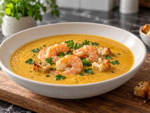 Cremige Garnelen-Suppe mit Süßkartoffel in einem tiefen Teller, garniert mit Croûtons und Petersilie