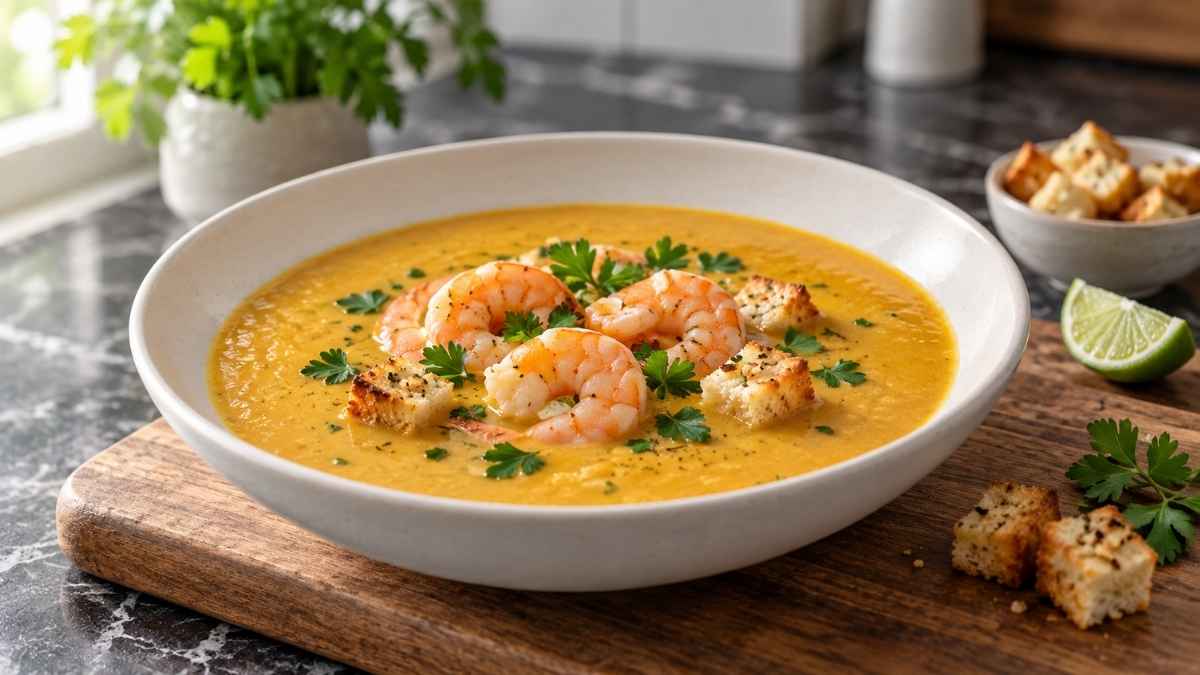 Cremige Garnelen-Suppe mit Süßkartoffel in einem tiefen Teller, garniert mit Croûtons und Petersilie