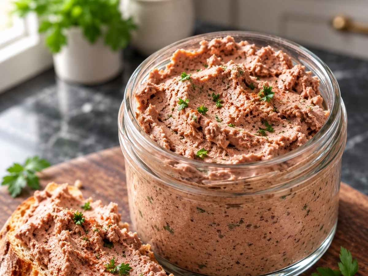 Geflügelleberwurst 2 Nahaufnahme von Geflügelleberwurst, cremig auf Bauernbrot gestrichen