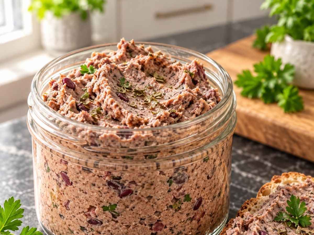 Nahaufnahme der veganen Leberwurst-Alternative auf dunklem Roggenbrot mit Radieschen