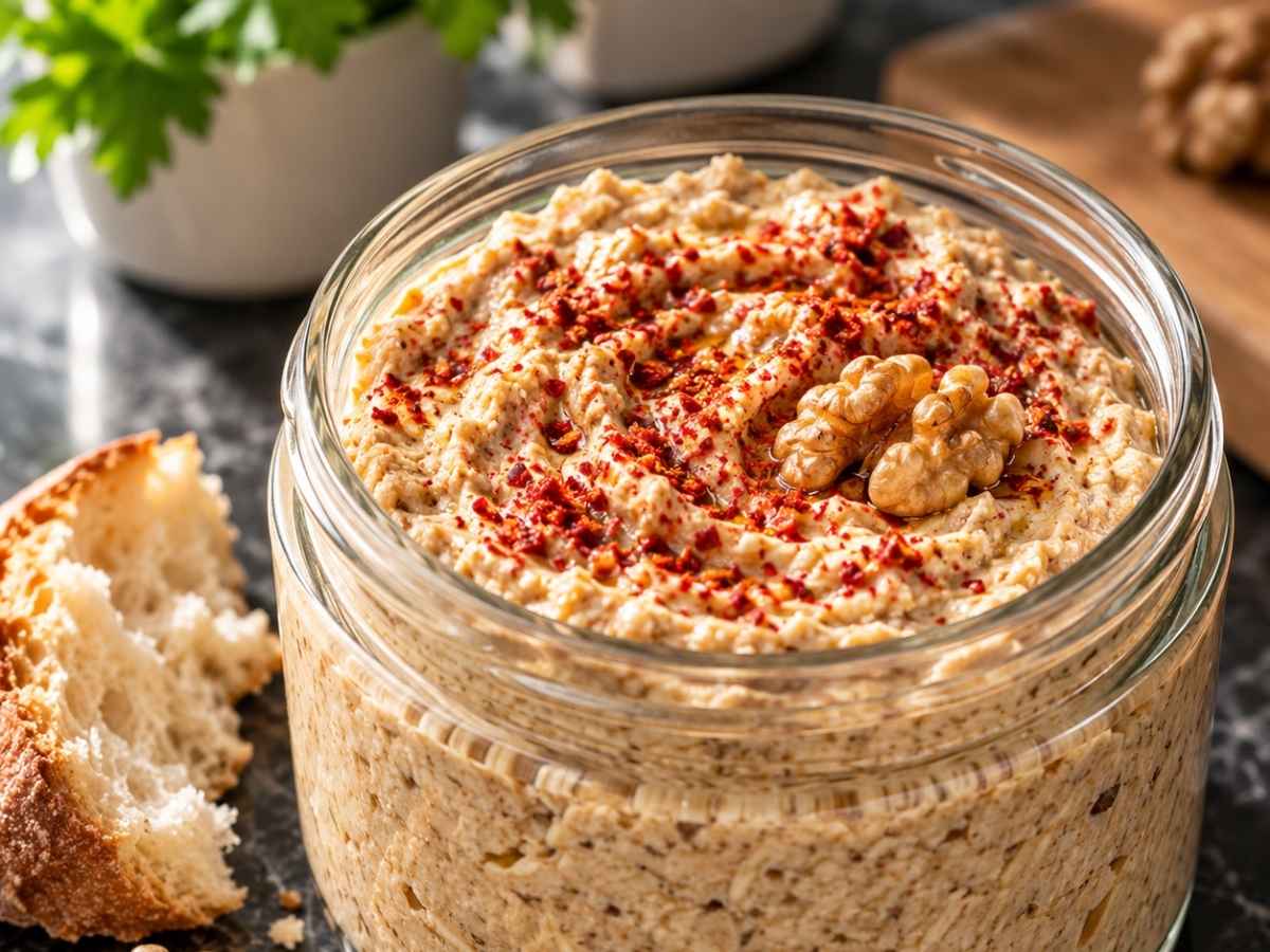 Hähnchen-Walnuss-Dip 2 Nahaufnahme der cremigen, leicht stückigen Textur des Hähnchen-Walnuss-Dips mit Pul Biber