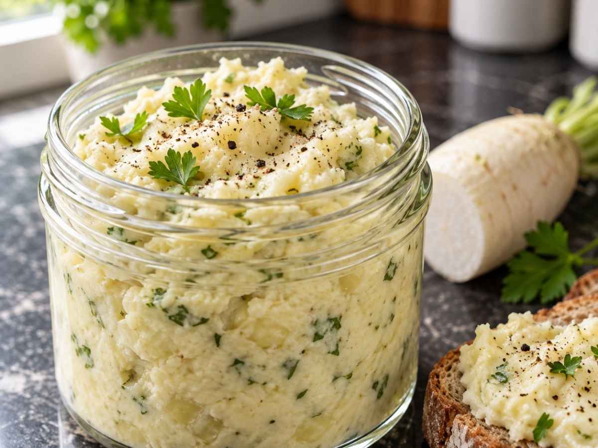 Nahaufnahme des cremigen Erdäpfelkas mit Rettich, garniert mit Petersilie und Pfeffer