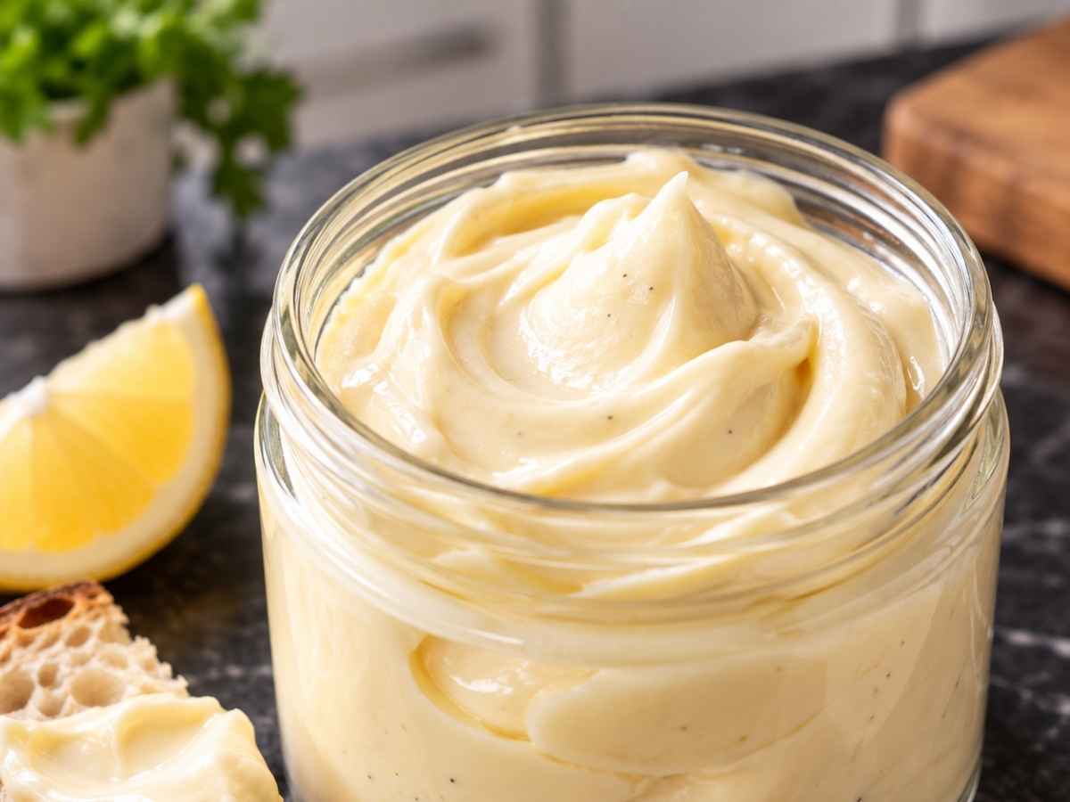 Nahaufnahme der glänzenden, festen Konsistenz selbstgemachter Mayonnaise