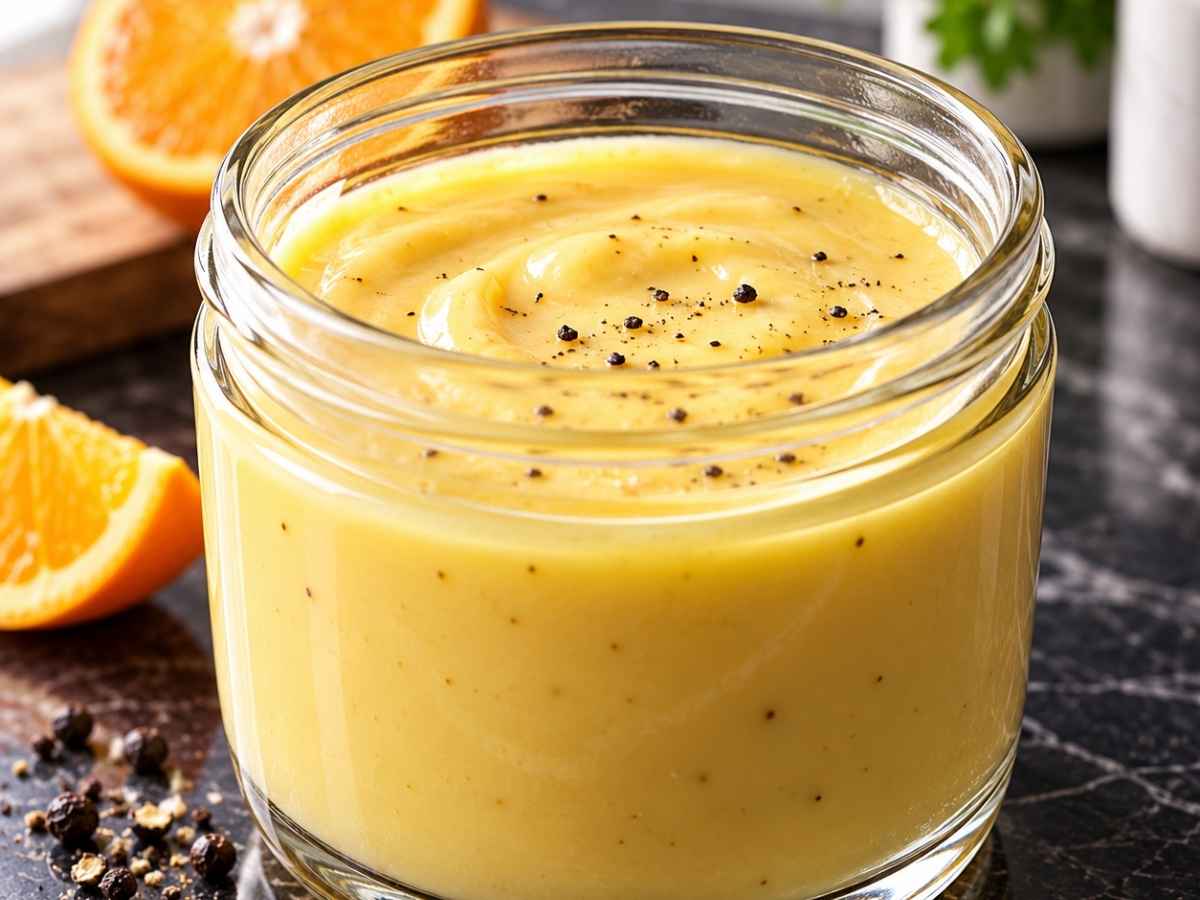 Nahaufnahme der hellorangen, glänzenden Orangen-Hollandaise zu Weihnachtsgeflügel, die vom Löffel über Rosenkohl läuft