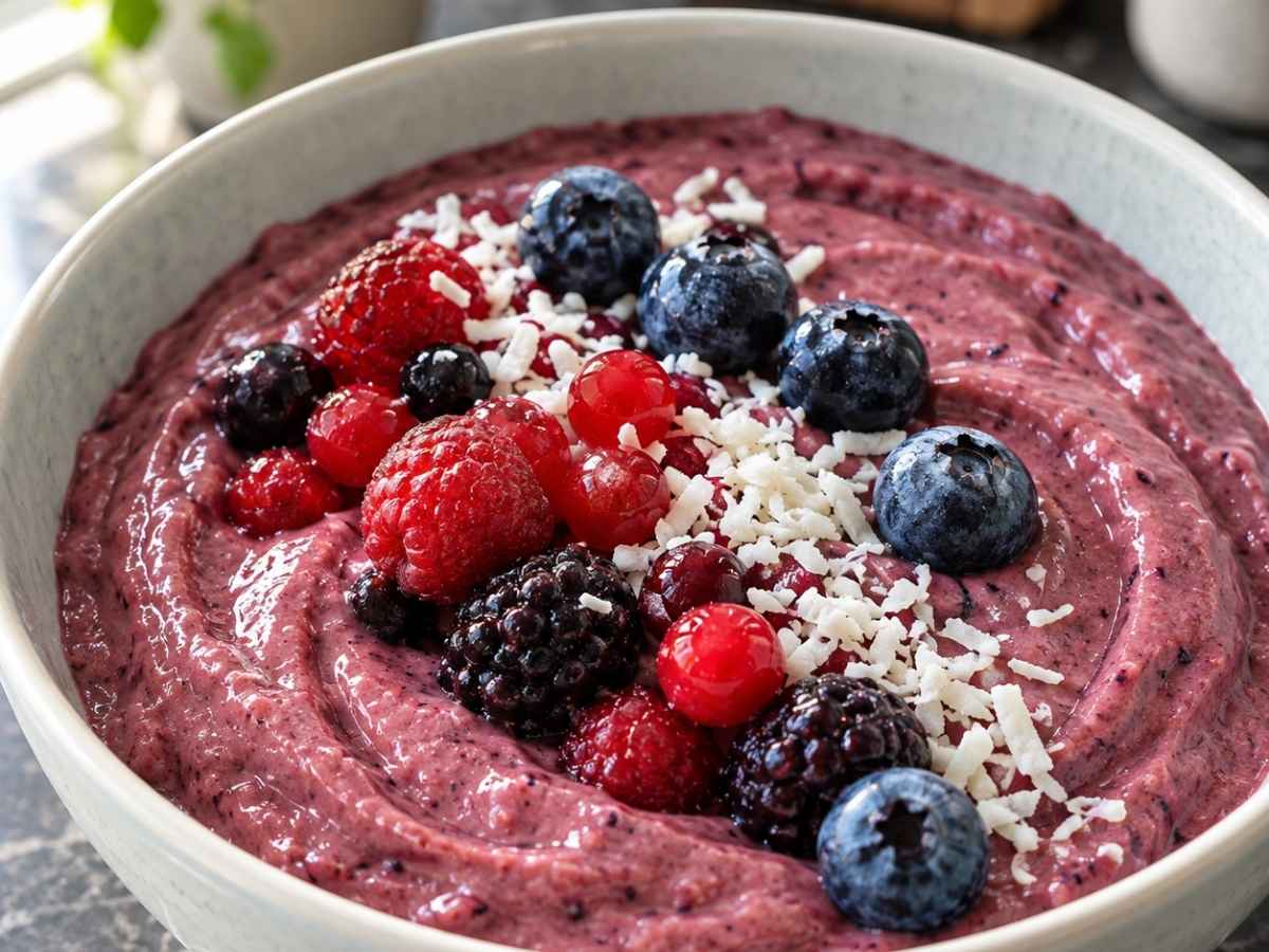 Nahaufnahme einer dicken Smoothie Bowl mit Beeren mit aufgetauten Beeren, Heidelbeeren und Kokosflocken als Topping