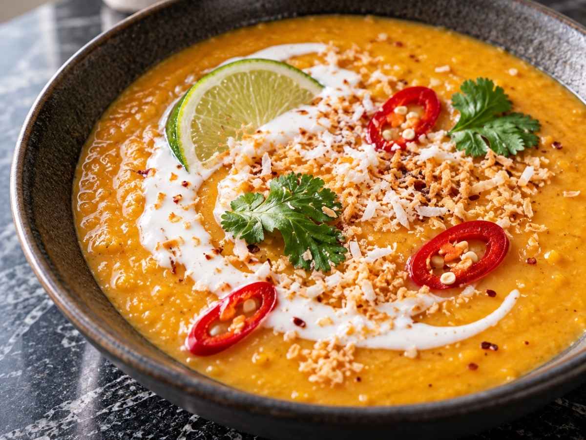 Nahaufnahme einer Schüssel Süßkartoffel-Linsen-Kokosnuss-Suppe mit Kokosmilch-Swirl, gerösteten Kokosflocken und frischem Koriander