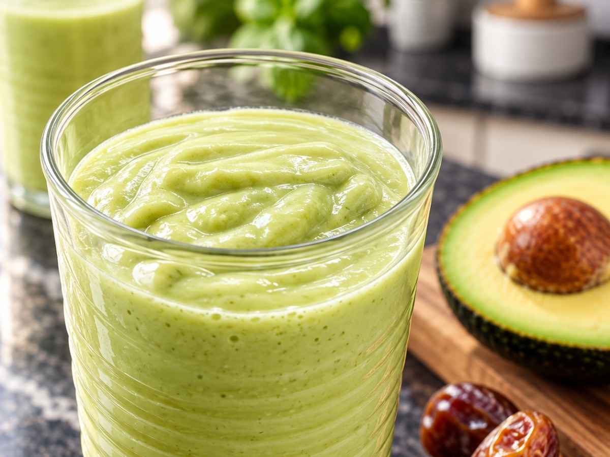 Nahaufnahme des cremigen Avocado-Dattel-Shakes
