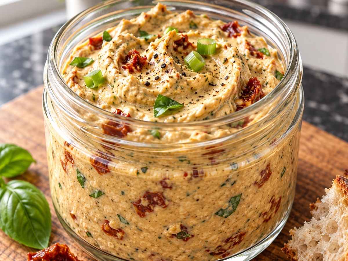 Nahaufnahme von cremigem, hell orangem Avocado-Tomaten-Dip mit gehackten getrockneten Tomaten und Basilikum