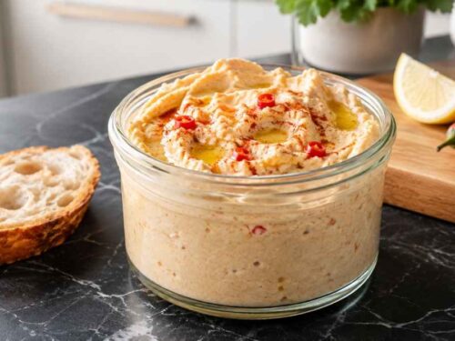 Cremiger Feta-Dip mit Chili und Olivenöl in weißer Schale
