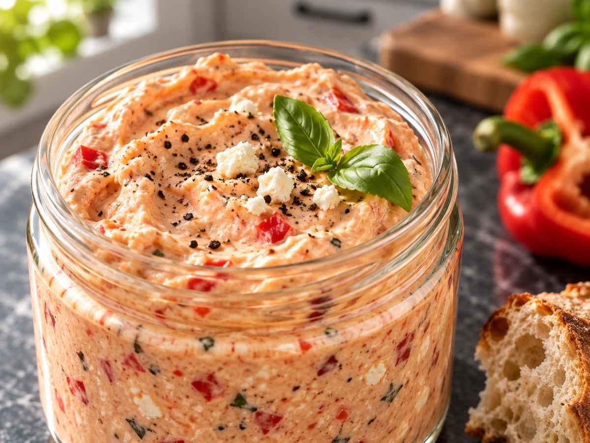 Nahaufnahme von cremigem Paprika-Schafskäse-Dip mit feinen roten Paprikastückchen und Basilikum