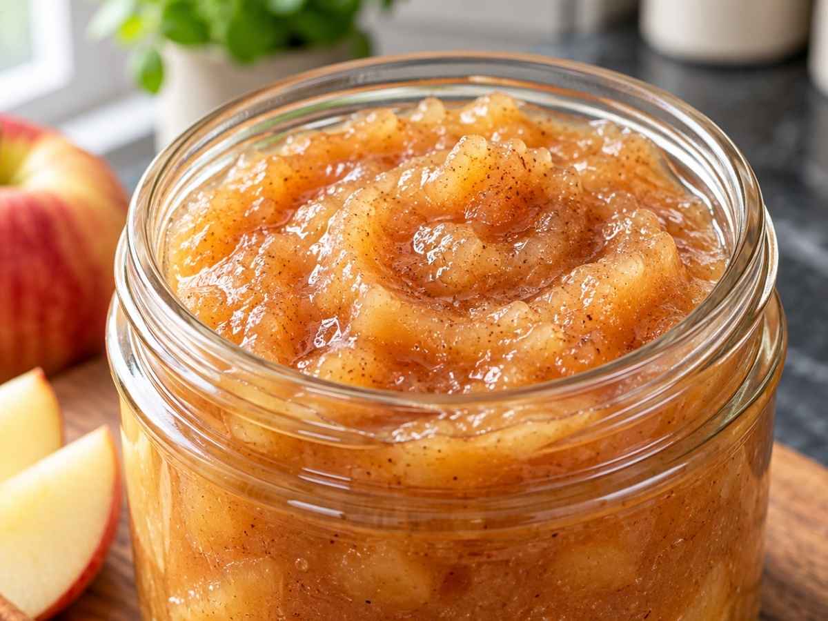 Nahaufnahme von selbstgemachtem, cremigem Apfelmus mit Zimt
