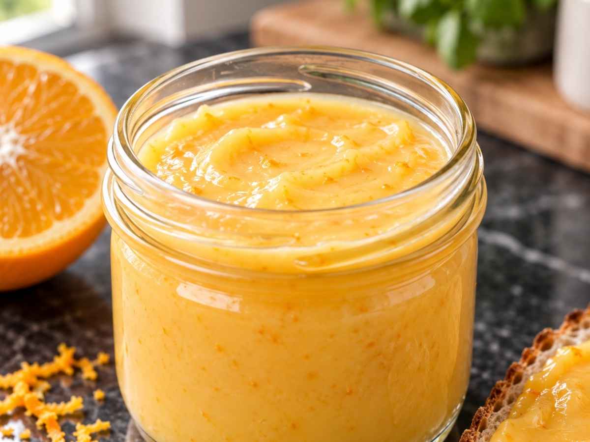 Nahaufnahme von cremigem Orangen Curd auf einem Löffel über dem offenen Glas