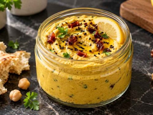 Curry-Dattel-Hummus cremig angerichtet mit Olivenöl und Schwarzkümmel bestreut