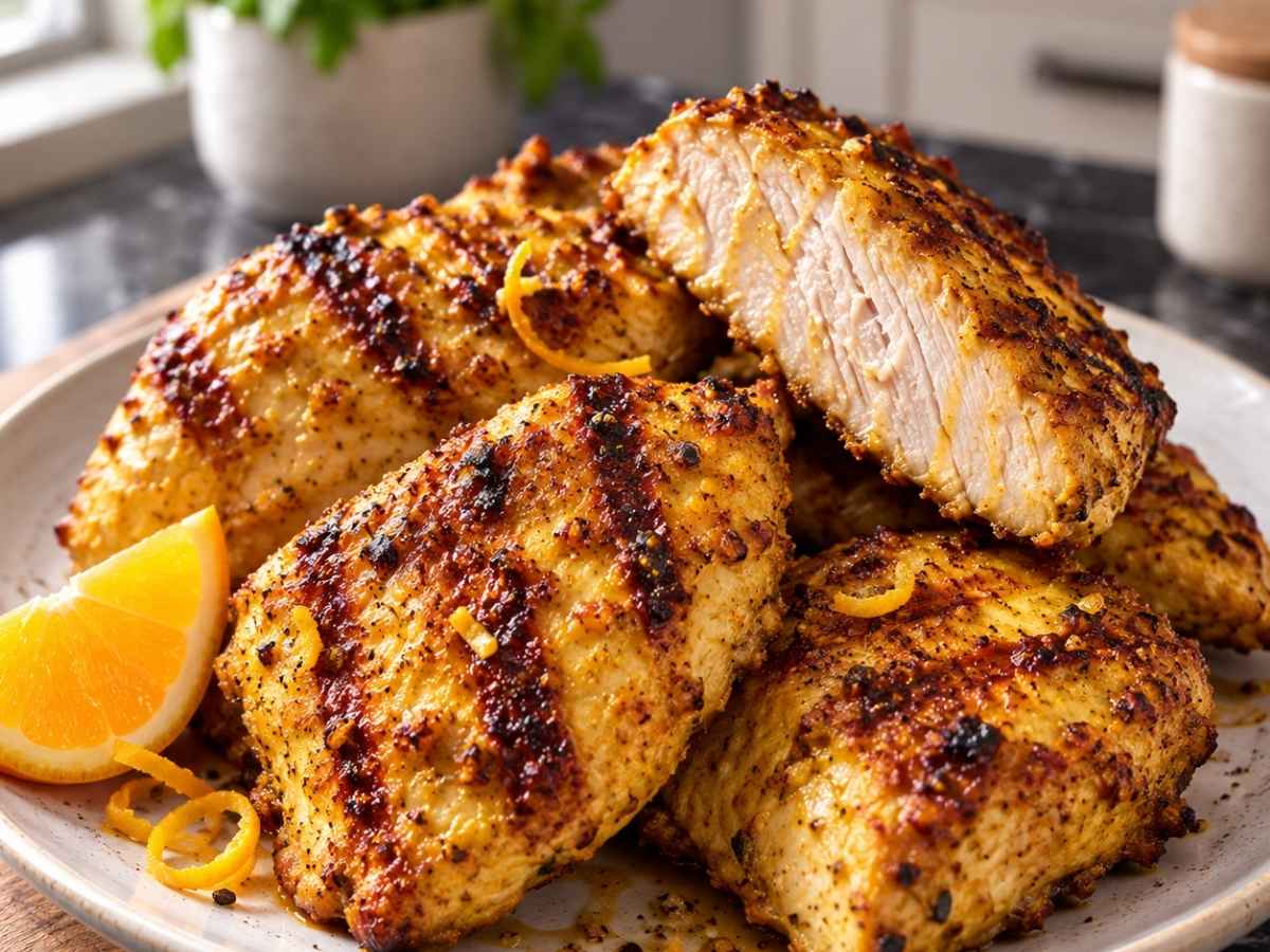 Nahaufnahme von Curry-Orangen-Pute mit goldgelber, saftiger Marinadenkruste
