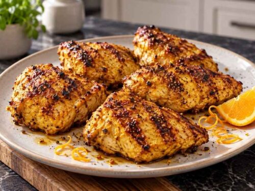 Curry-Orangen-Pute, gegrillte Putenbrust in gelber Marinade auf einem Teller mit Basmatireis und Gemüse