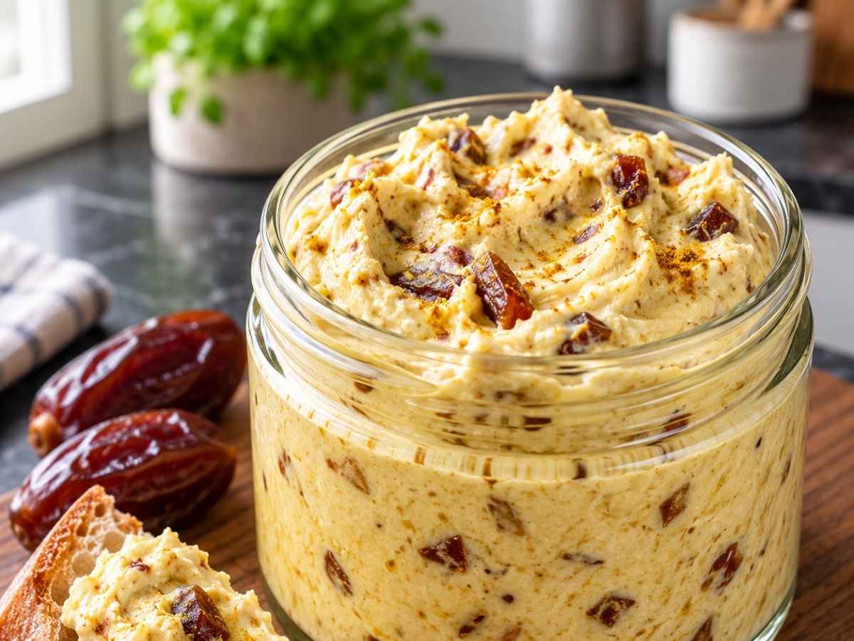 Dattel-Curry-Dip 2 Nahaufnahme vom Dattel-Curry-Dip mit sichtbaren Dattelstückchen und Currypulver