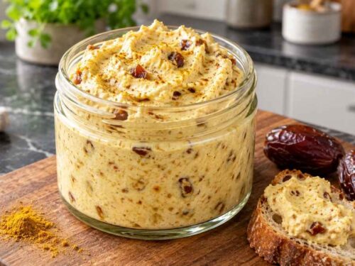 Dattel-Curry-Dip cremig angerichtet in einer Schale mit Brot und Gemüsesticks