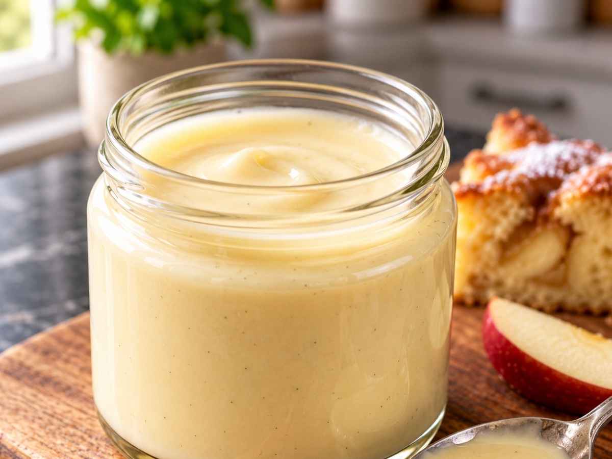 Nahaufnahme von cremiger Dessertsauce, die von einem Löffel läuft