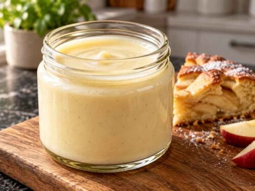 Cremige Dessertsauce in einer Kanne neben einem Apfelkuchen auf dem Tisch