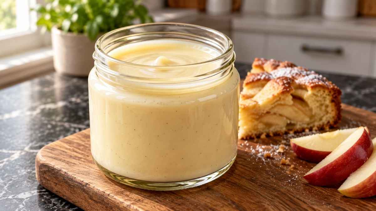 Cremige Dessertsauce in einer Kanne neben einem Apfelkuchen auf dem Tisch