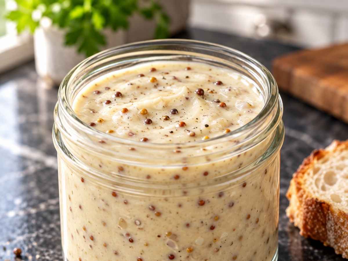 Cremige Dijon-Senfsauce mit sichtbaren Senfkörnern in Großaufnahme