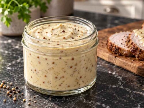 Dijon-Senfsauce in einer Schale neben Schweinefilet und Salzkartoffeln auf dem Tisch