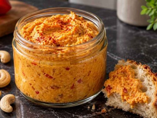 Dip Dip Hurra, cremiger Cashew-Frischkäse-Dip in einer Schüssel, serviert mit Baguette und Gemüsesticks