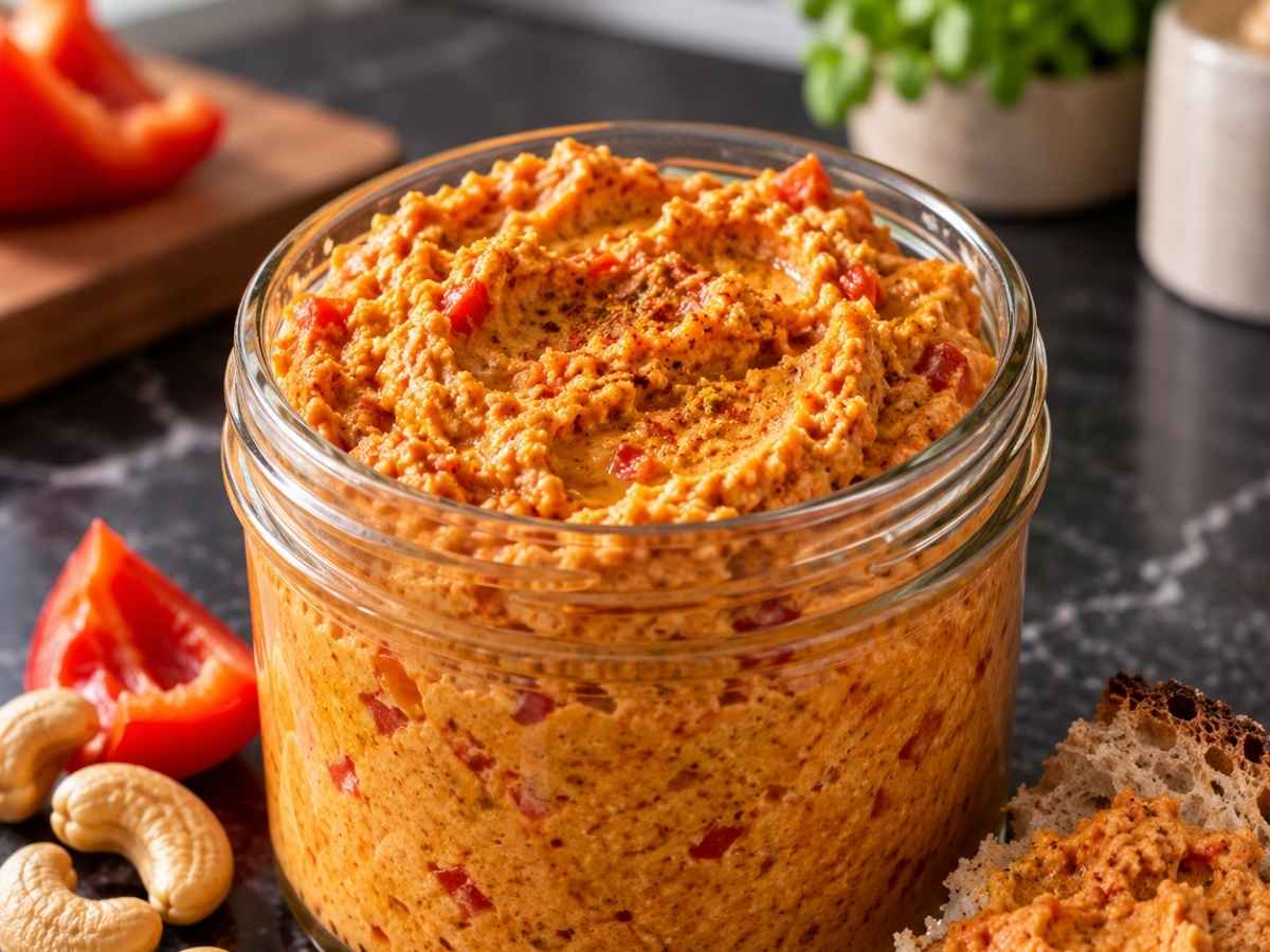 Nahaufnahme von Dip Dip Hurra, cremiger Cashew-Frischkäse-Dip mit Paprika und Chili
