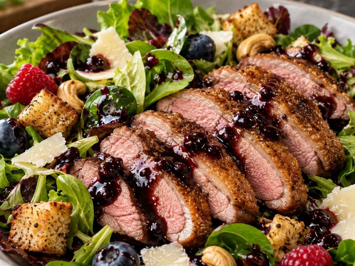 Nahaufnahme der knusprigen Entenbrust-Scheiben auf dem Salat