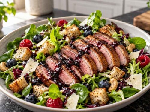 Entenbrust-Salat mit Balsamico-Blaubeer-Vinaigrette Entenbrust-Salat mit Balsamico-Blaubeer-Vinaigrette auf einem Teller angerichtet