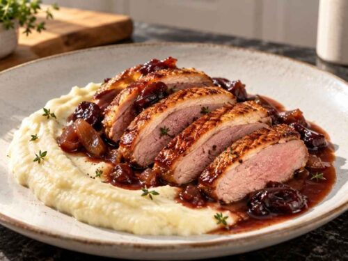 Angerichtete Entenbrust mit Rotwein-Pflaumensauce und Sellerie-Karfiolcreme
