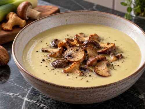 Cremige Erdäpfel-Schwammerl-Suppe in tiefen Tellern mit gebratenen Pilzen