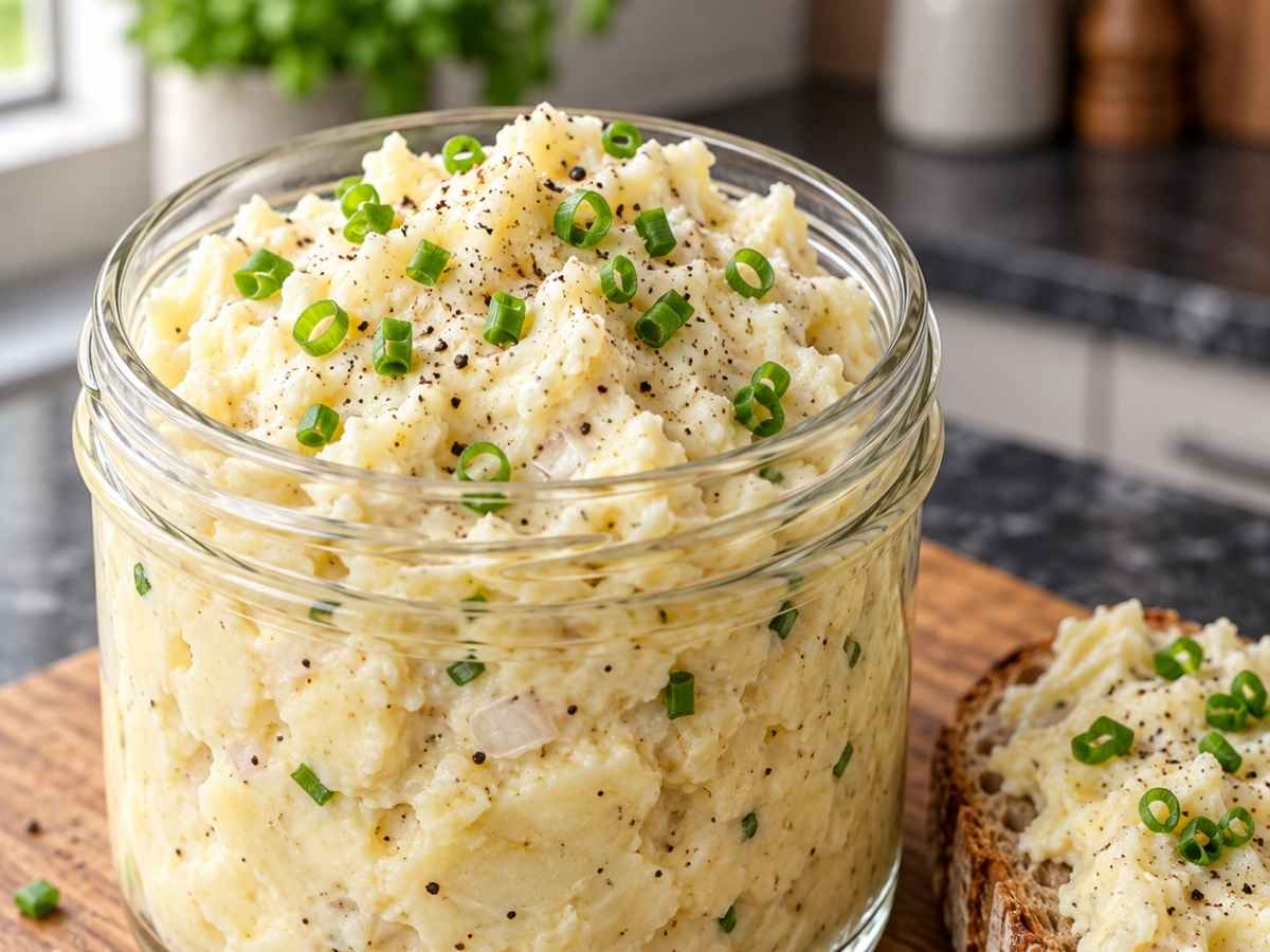 Nahaufnahme von cremigem Erdäpfelkäs mit Schnittlauchröllchen
