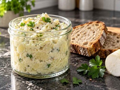 Erdäpfelkas mit Rettich, cremiger Kartoffel-Dip in Schüssel serviert mit Bauernbrotscheiben