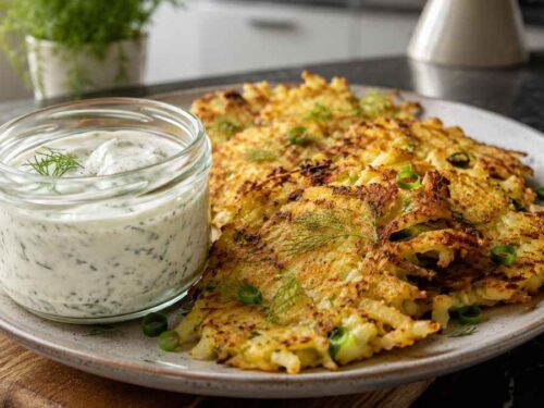 Erdäpfelpuffer mit Dillsauce, goldbraun gebraten und mit Dillsauce serviert