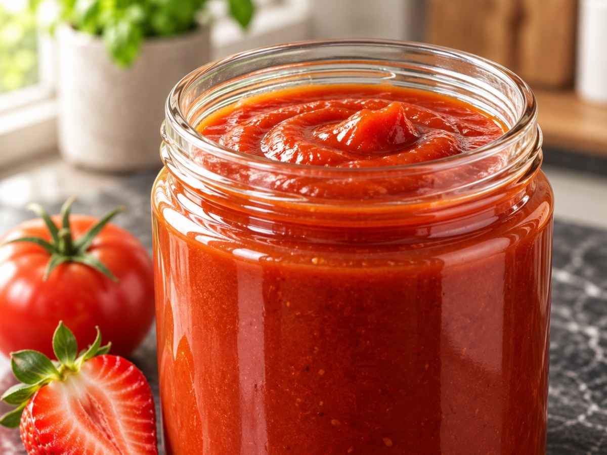Nahaufnahme der glatten, fruchtig-roten Konsistenz von Erdbeer-Curry-Ketchup