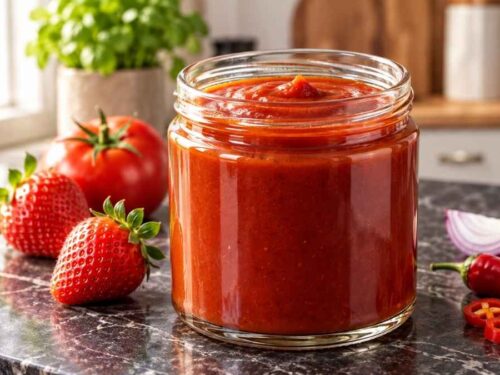 Selbstgemachter Erdbeer-Curry-Ketchup in zwei Glasflaschen, bereit zum Grillabend