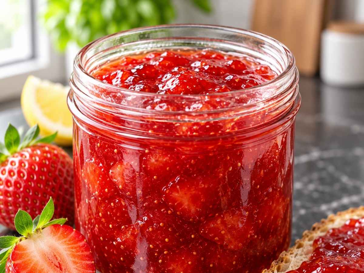 Erdbeer-Konfitüre ohne Gelierzucker cremig auf frischem Brötchen