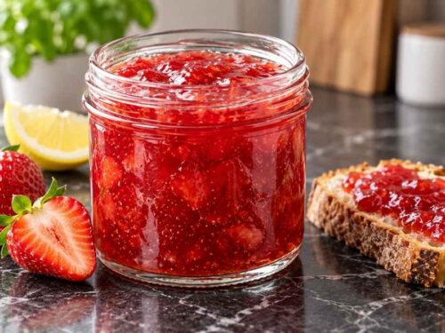 Erdbeer-Konfitüre ohne Gelierzucker frisch eingekocht in Schraubgläsern