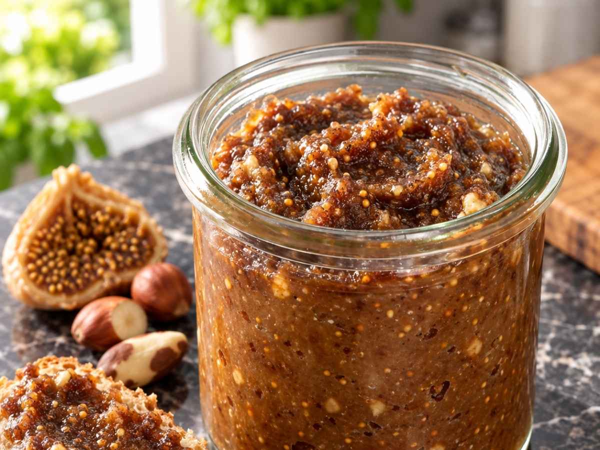 Cremiger Feigen-Nuss-Aufstrich auf einer Scheibe warmem Toast