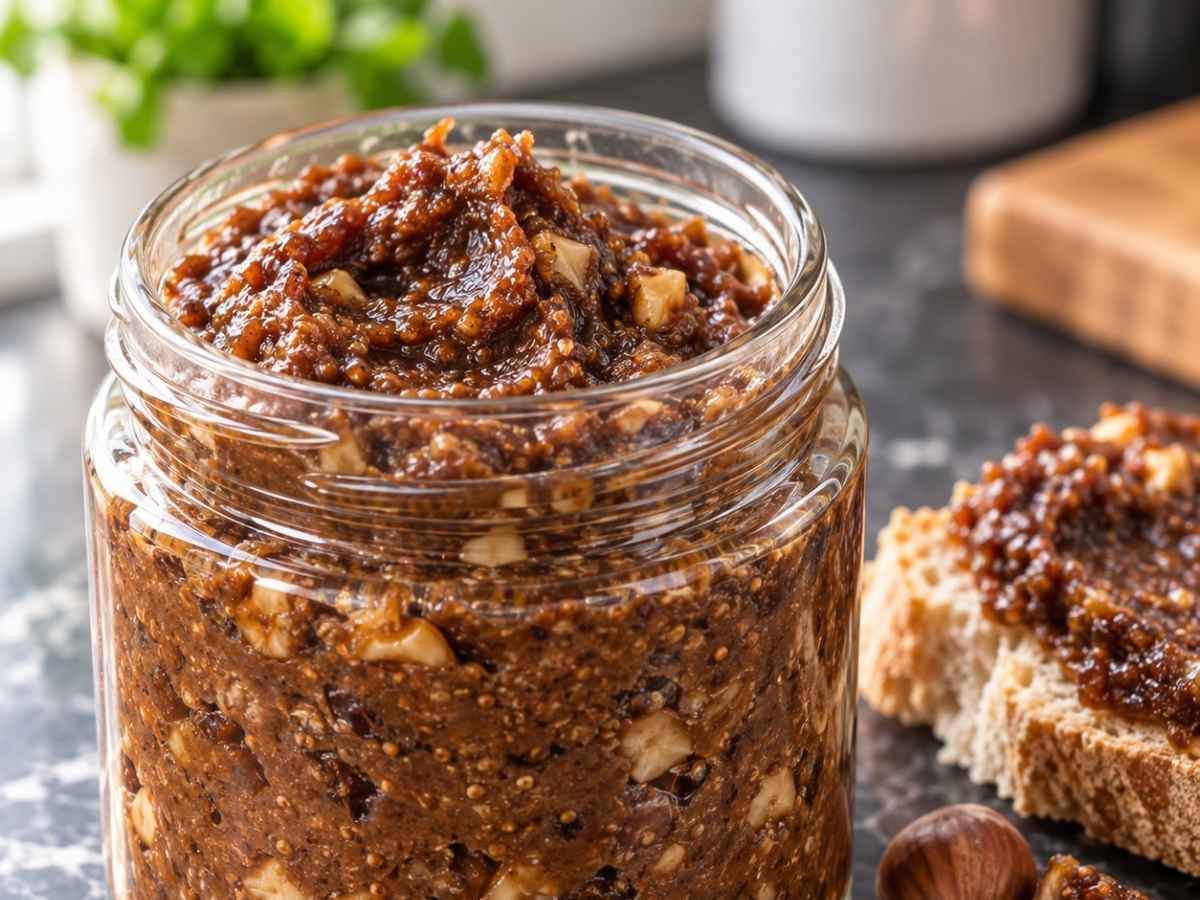 Feigenaufstrich mit Haselnüssen 2 Nahaufnahme vom cremigen Feigenaufstrich mit Haselnüssen und Zimt